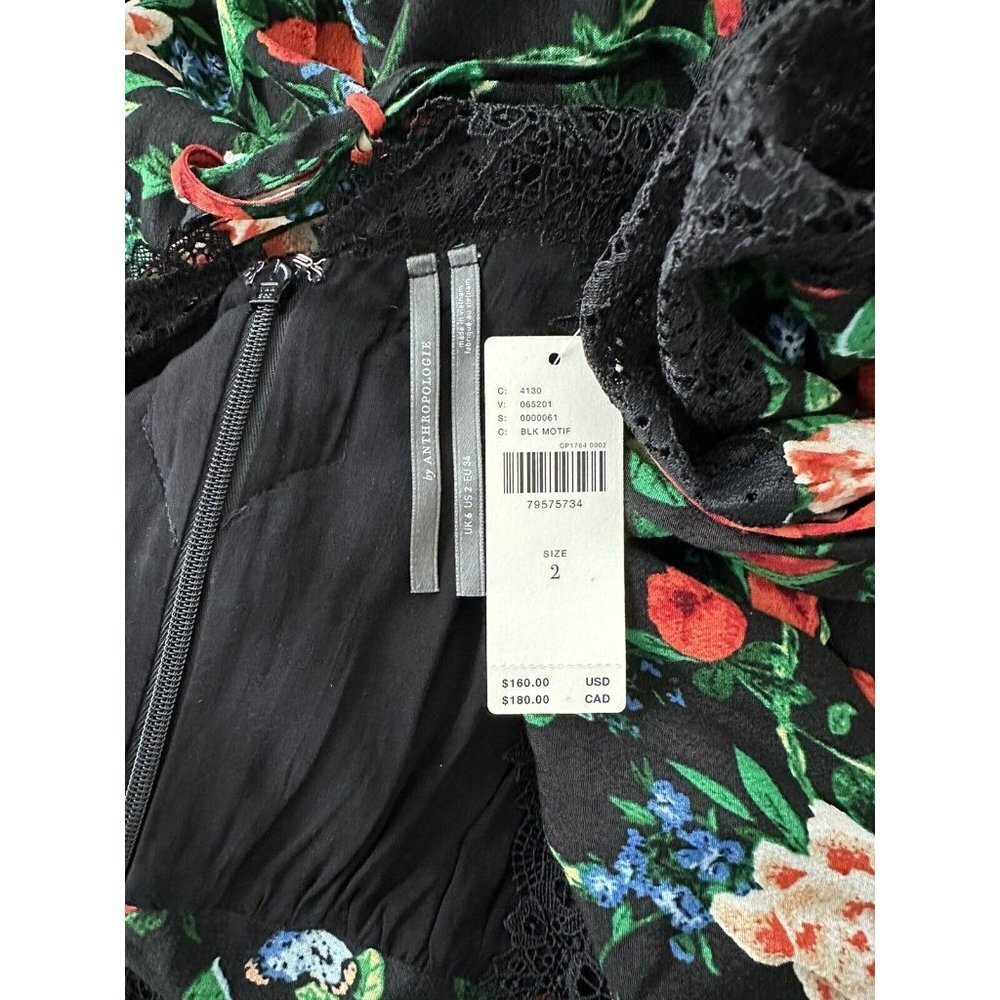 NWT Anthropologie Lacy V-Neck Mini Dress 2 Black Floral Long Sleeve Fit & Flare - Picture 11 of 12